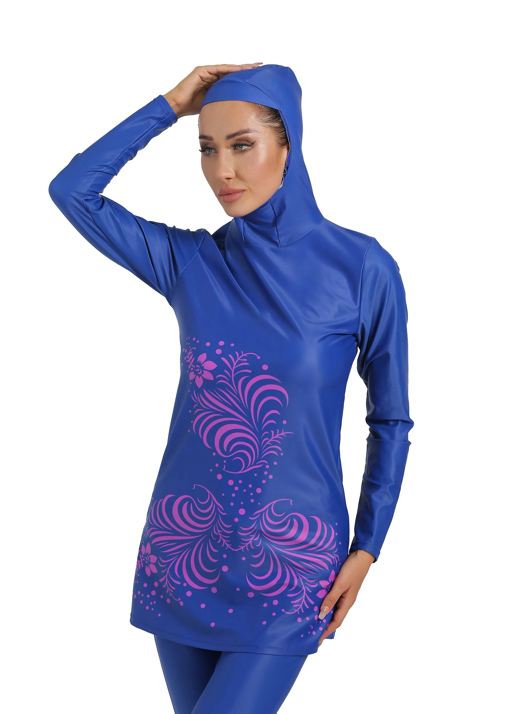 4POSE Women's Floral Print Elegant Full coverage Burkini Hijab 2-Pieces Swimsuit Set