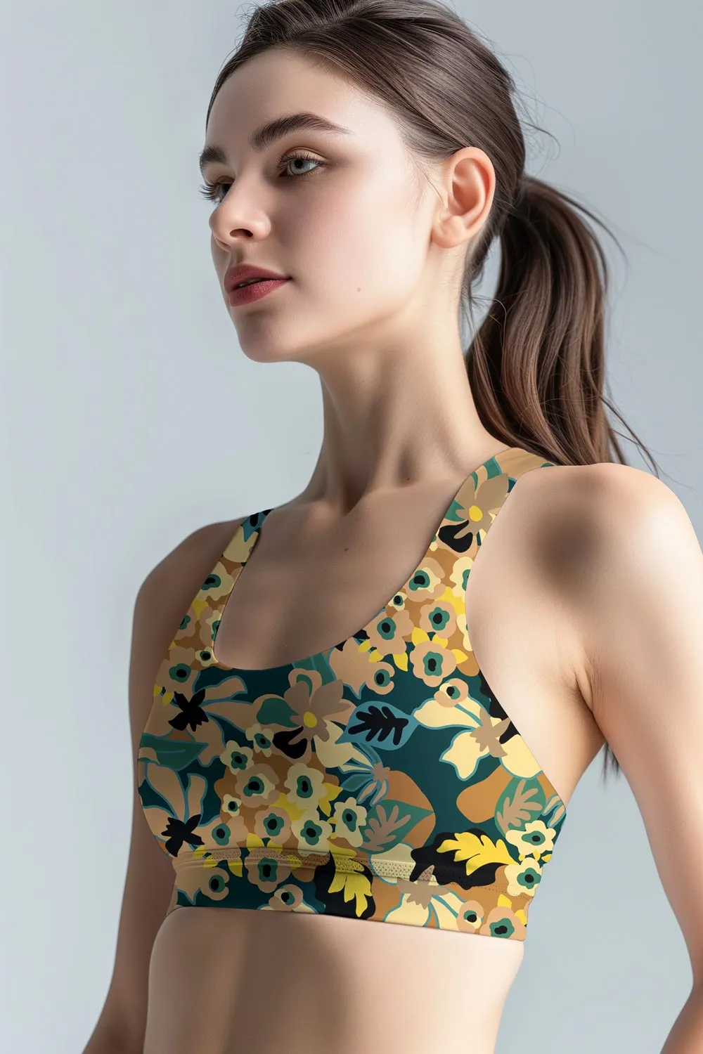 Admiration Stella Brown Floral Printed Seamless Sport Yoga Bra - Women