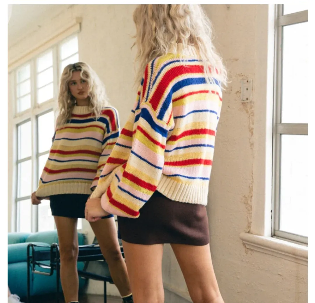 Autumn Winter Fashionable Stand Collar Contrast Color Striped Pullover Sweater Thick Bottoming Shirt Women