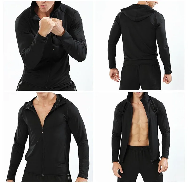 BARBOK Autumn Running Jacket Long Sleeve Sports Hooded Shirt Zipper Running T Shirts Compression Men Gym Jogging Fitness Top