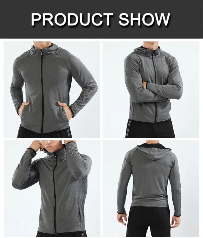 BARBOK Autumn Running Jacket Long Sleeve Sports Hooded Shirt Zipper Running T Shirts Compression Men Gym Jogging Fitness Top