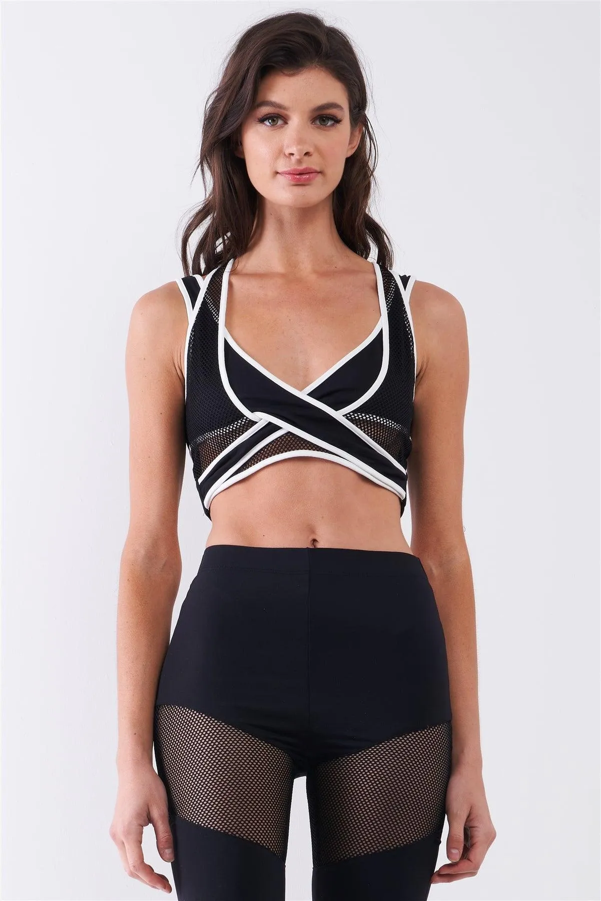 Black Combined Sheer Net Mesh Sleeveless Overlapping Racer Back Sports Bra Crop Top