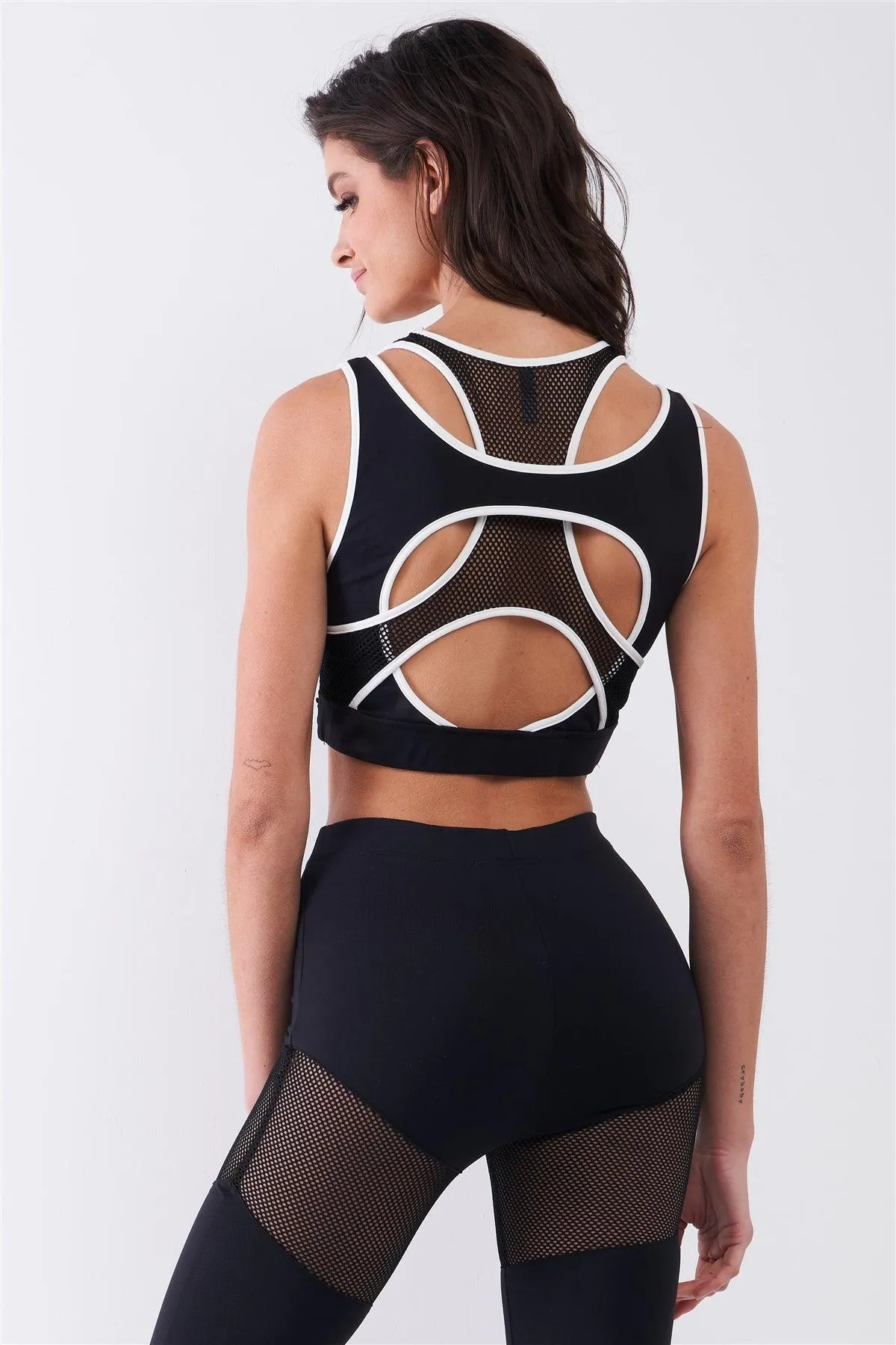 Black Combined Sheer Net Mesh Sleeveless Overlapping Racer Back Sports Bra Crop Top