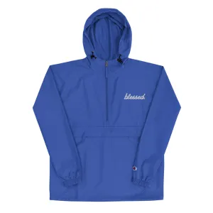 Blue Cursive Blessed Embroidered Champion Packable Jacket