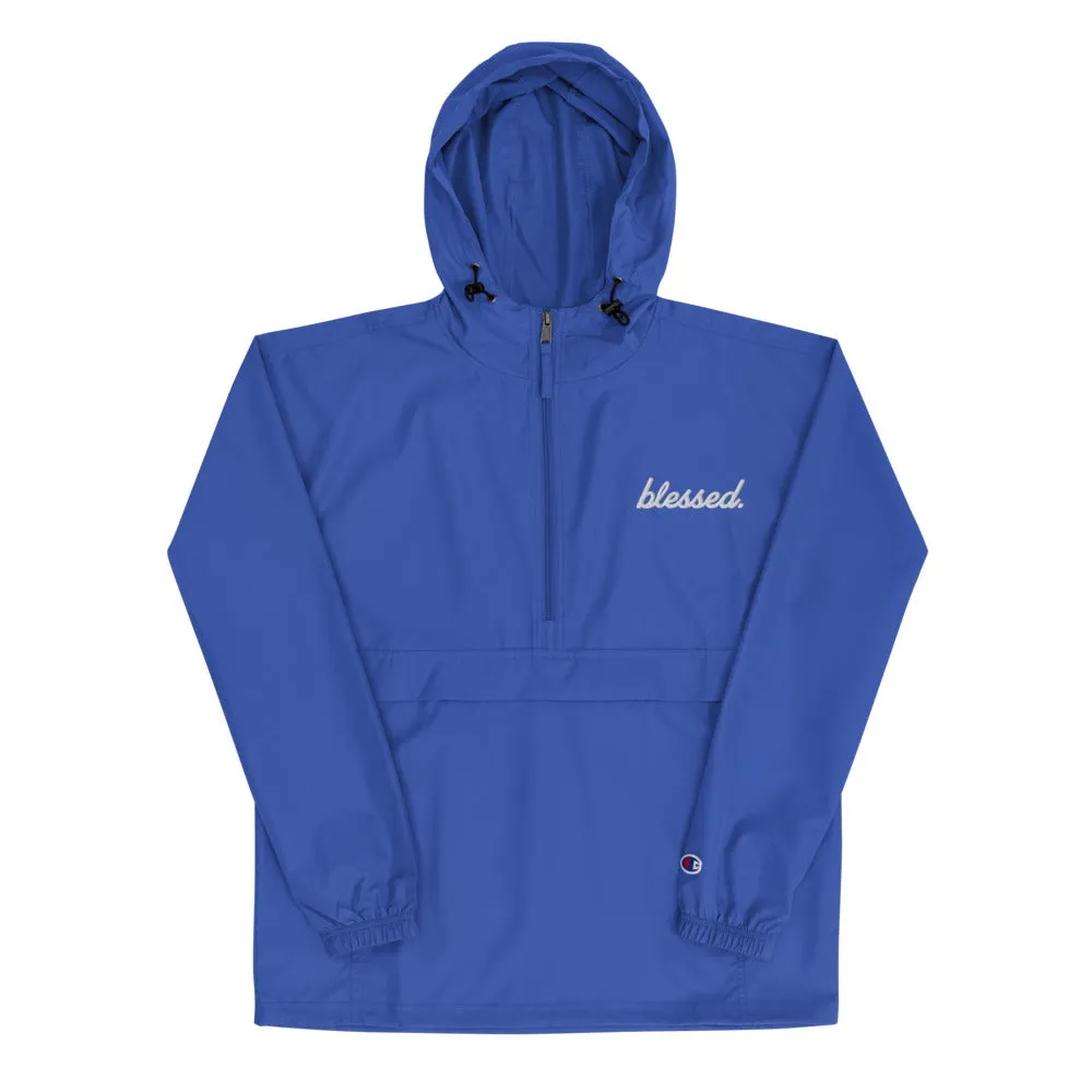 Blue Cursive Blessed Embroidered Champion Packable Jacket