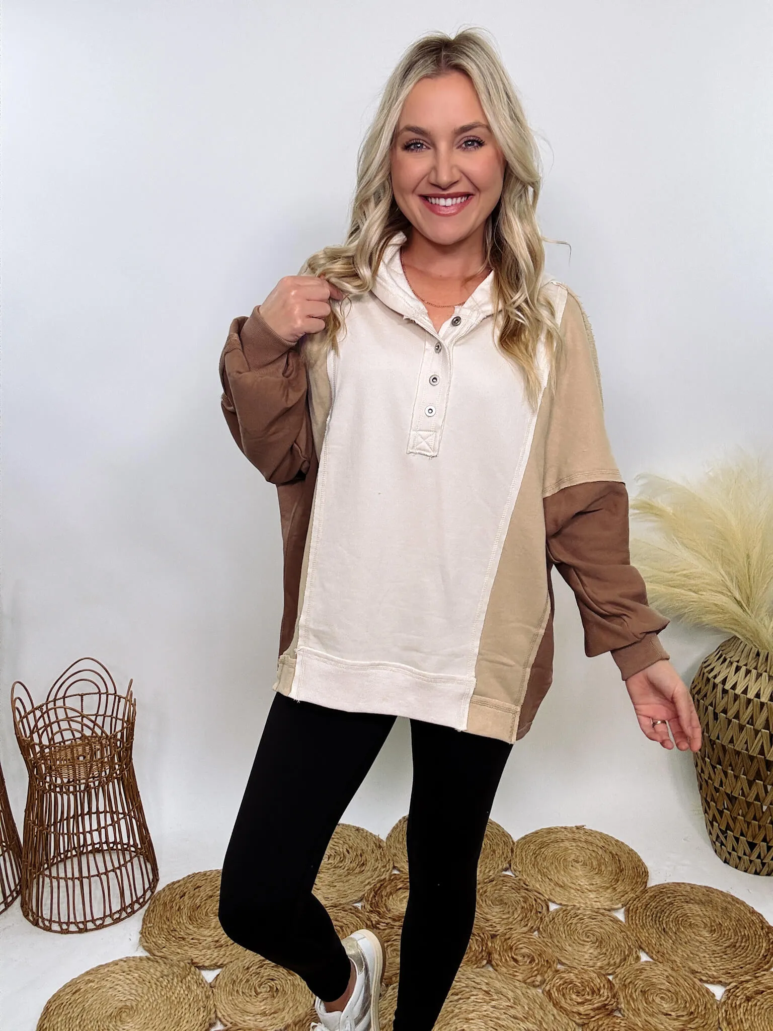 Brown, Tan and Cream Neutral Colorblock Half Button Down Oversized Hoodie