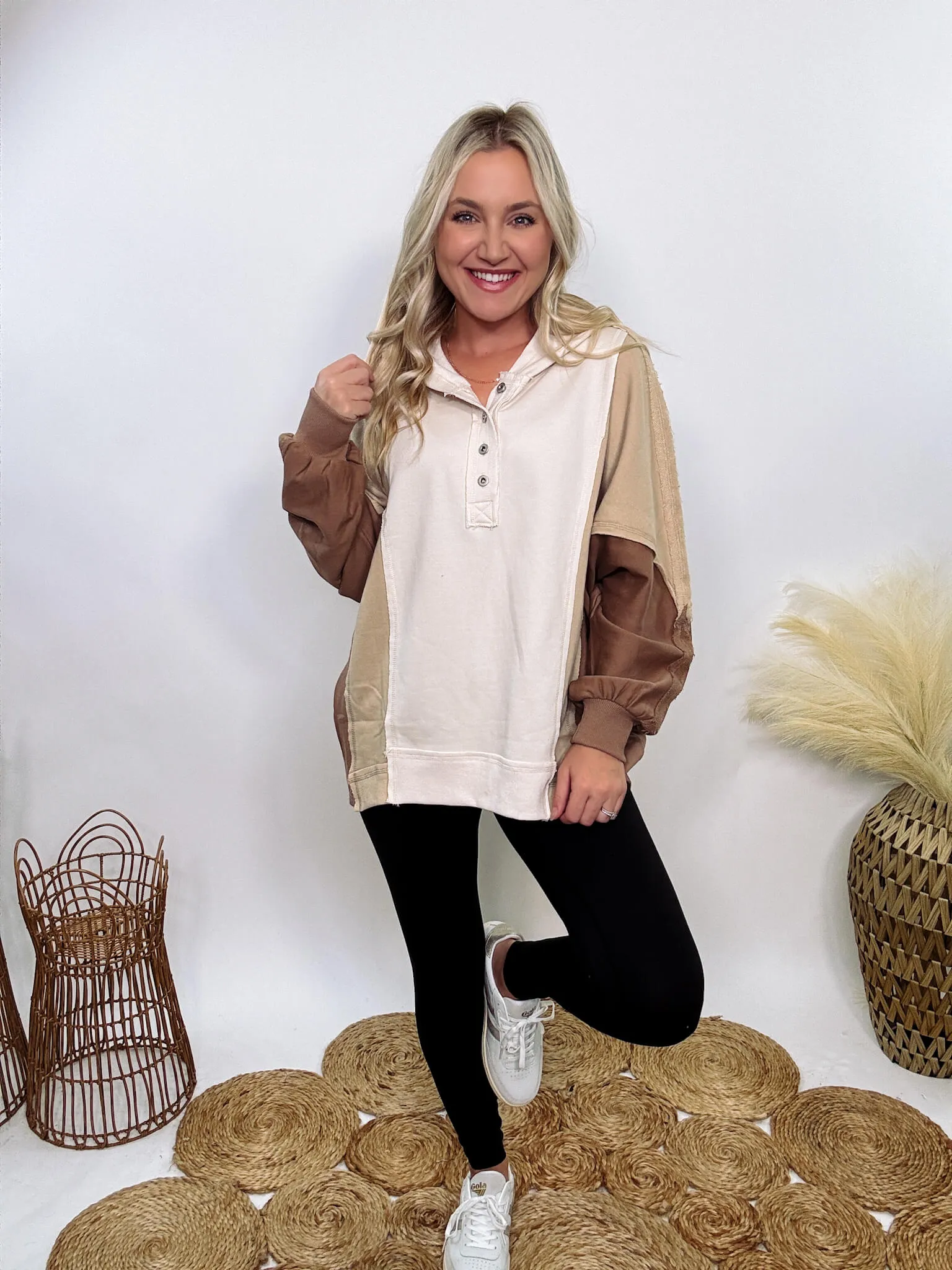 Brown, Tan and Cream Neutral Colorblock Half Button Down Oversized Hoodie