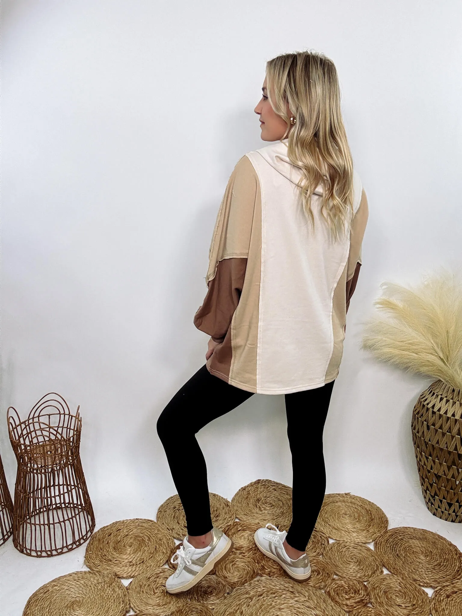 Brown, Tan and Cream Neutral Colorblock Half Button Down Oversized Hoodie