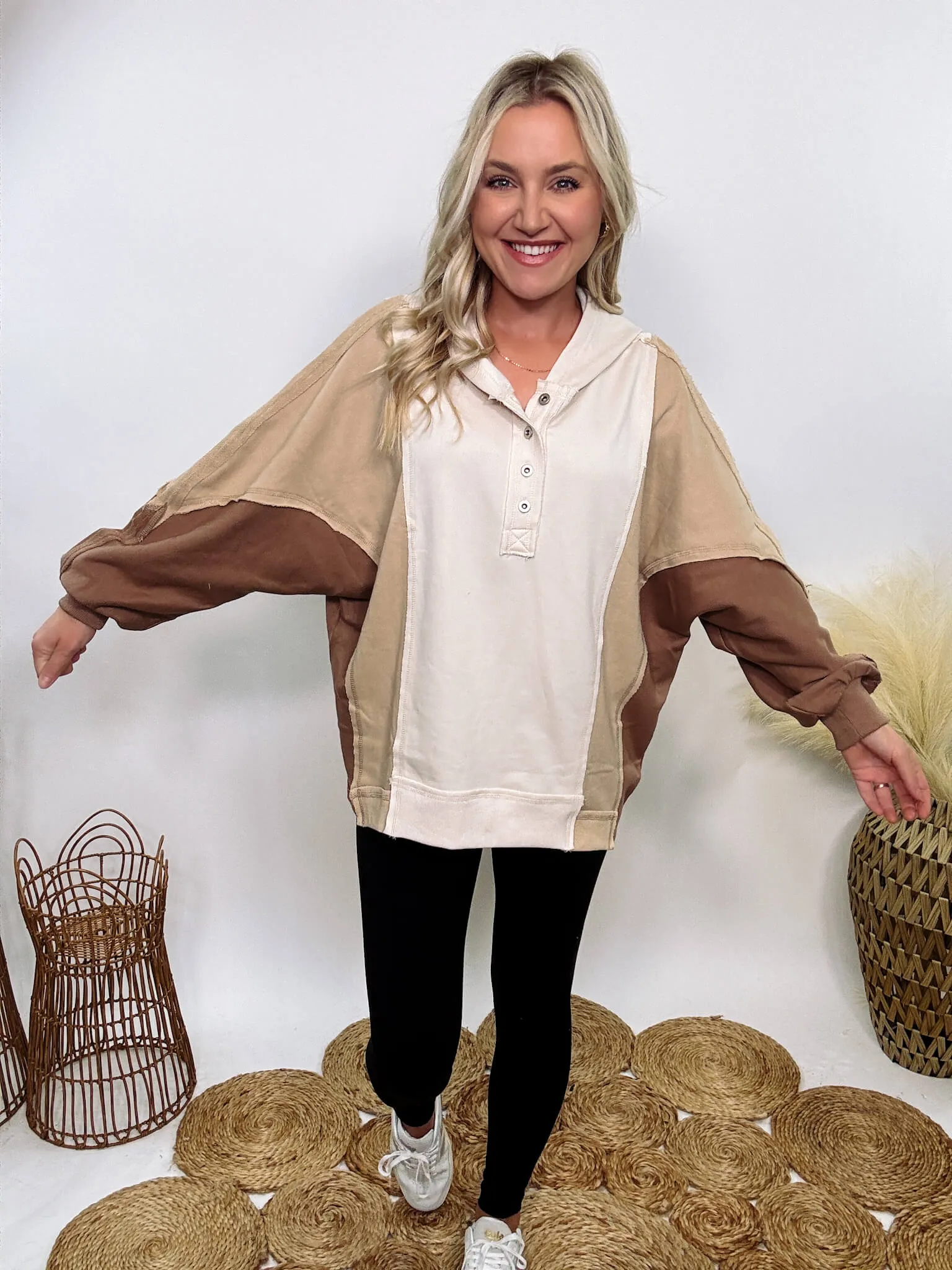 Brown, Tan and Cream Neutral Colorblock Half Button Down Oversized Hoodie