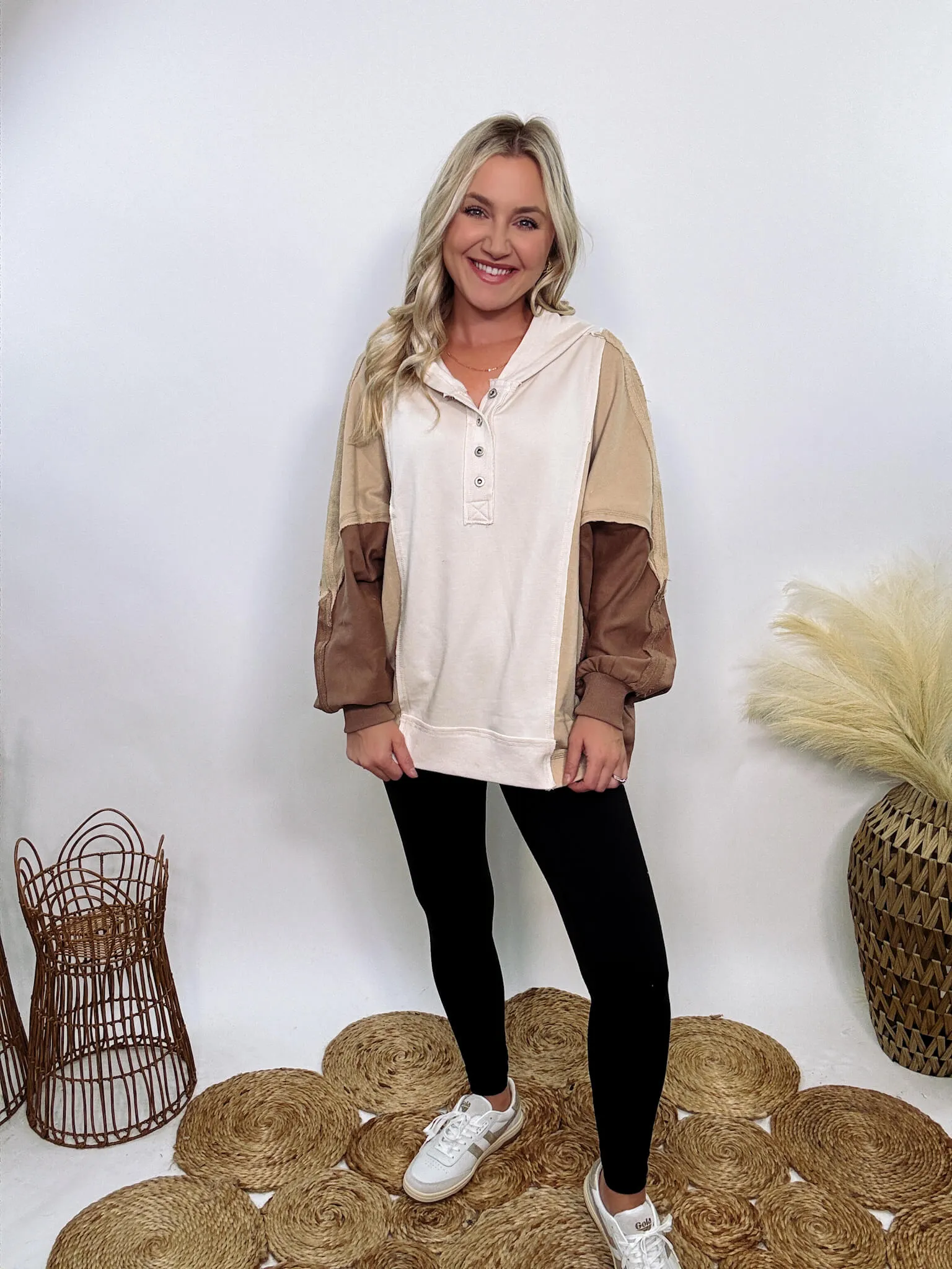 Brown, Tan and Cream Neutral Colorblock Half Button Down Oversized Hoodie