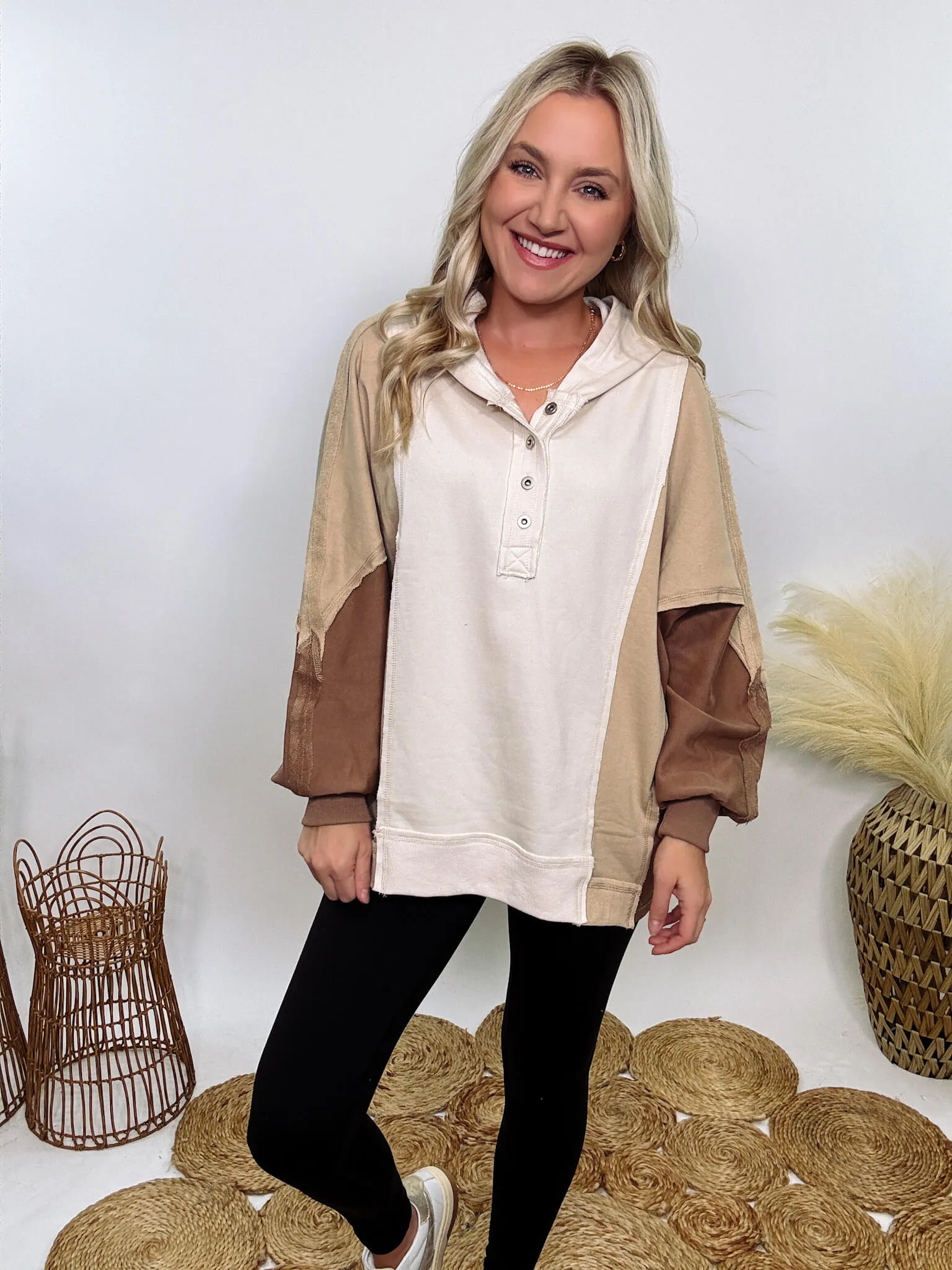 Brown, Tan and Cream Neutral Colorblock Half Button Down Oversized Hoodie