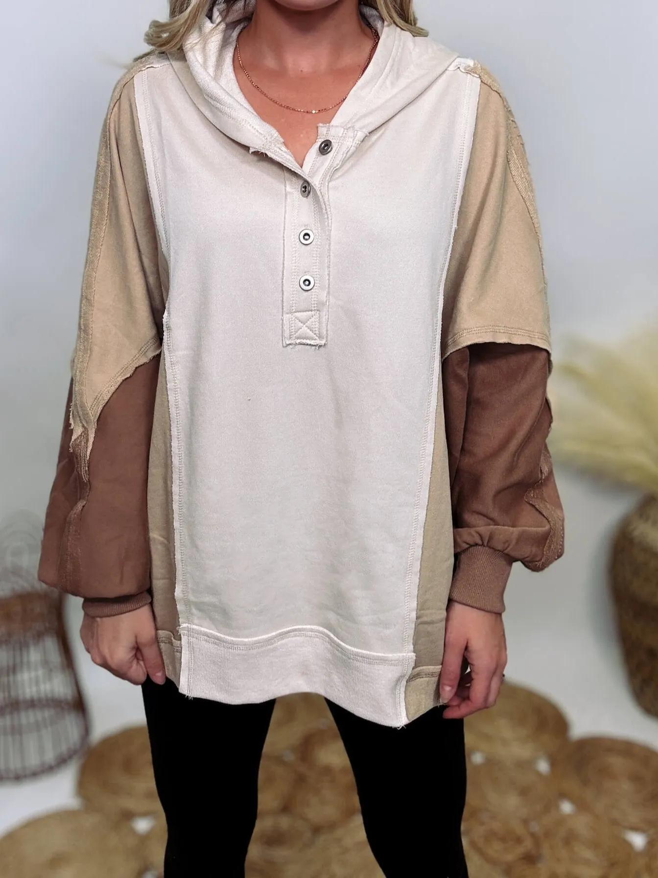 Brown, Tan and Cream Neutral Colorblock Half Button Down Oversized Hoodie