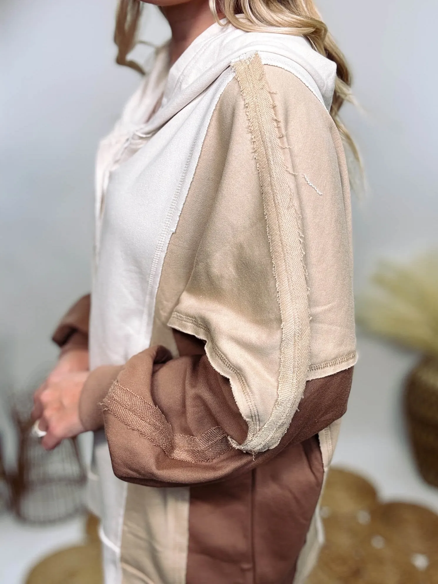 Brown, Tan and Cream Neutral Colorblock Half Button Down Oversized Hoodie