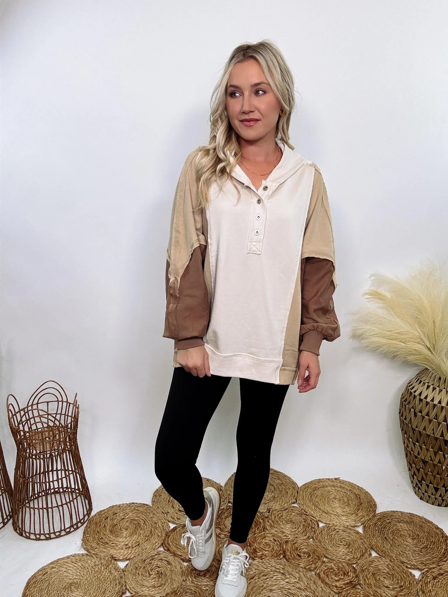 Brown, Tan and Cream Neutral Colorblock Half Button Down Oversized Hoodie