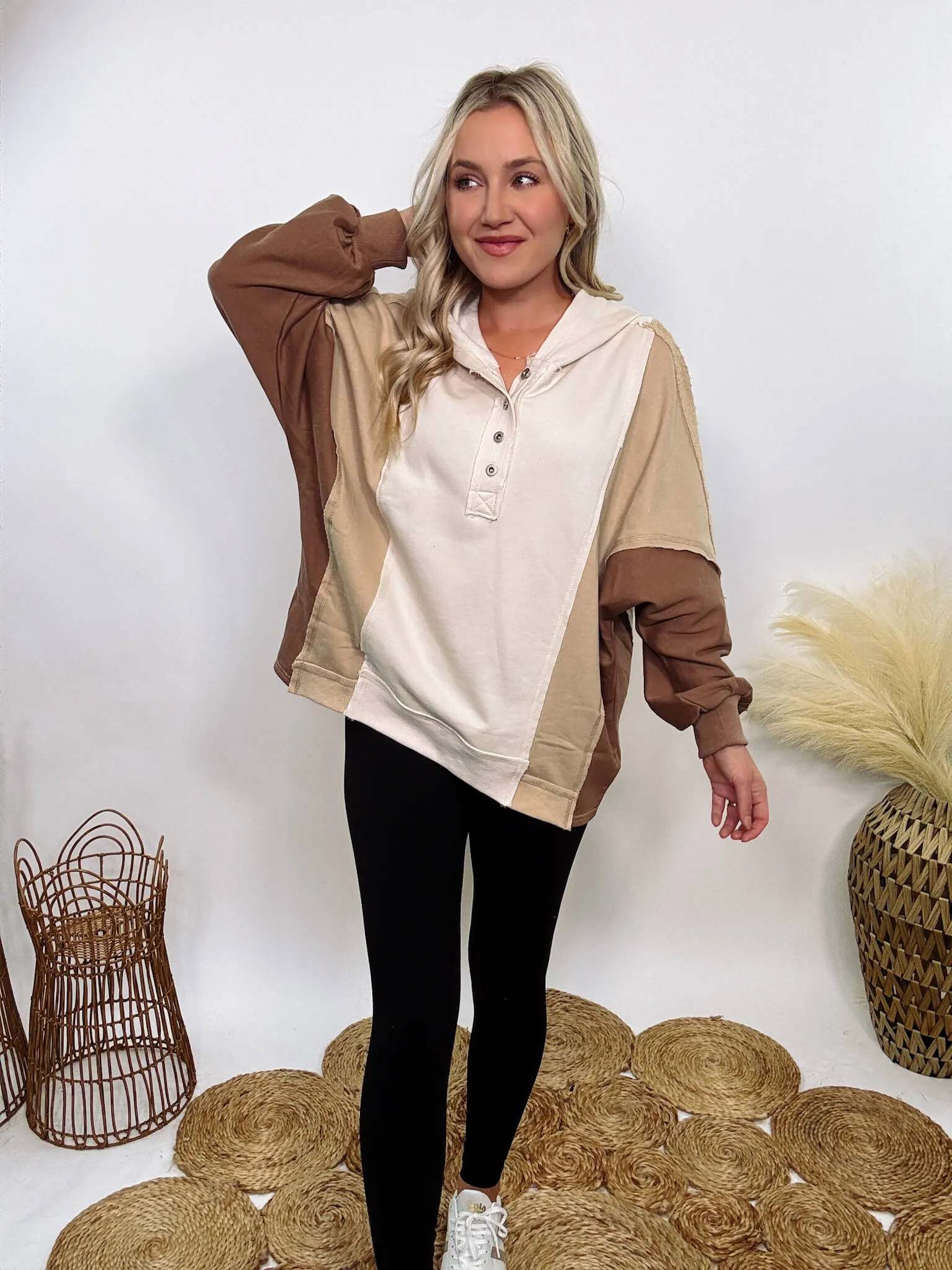 Brown, Tan and Cream Neutral Colorblock Half Button Down Oversized Hoodie