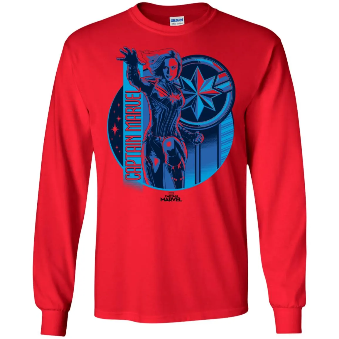 Captain Marvel Reflective Blue Circle Logo Men Long Sleeve Shirt