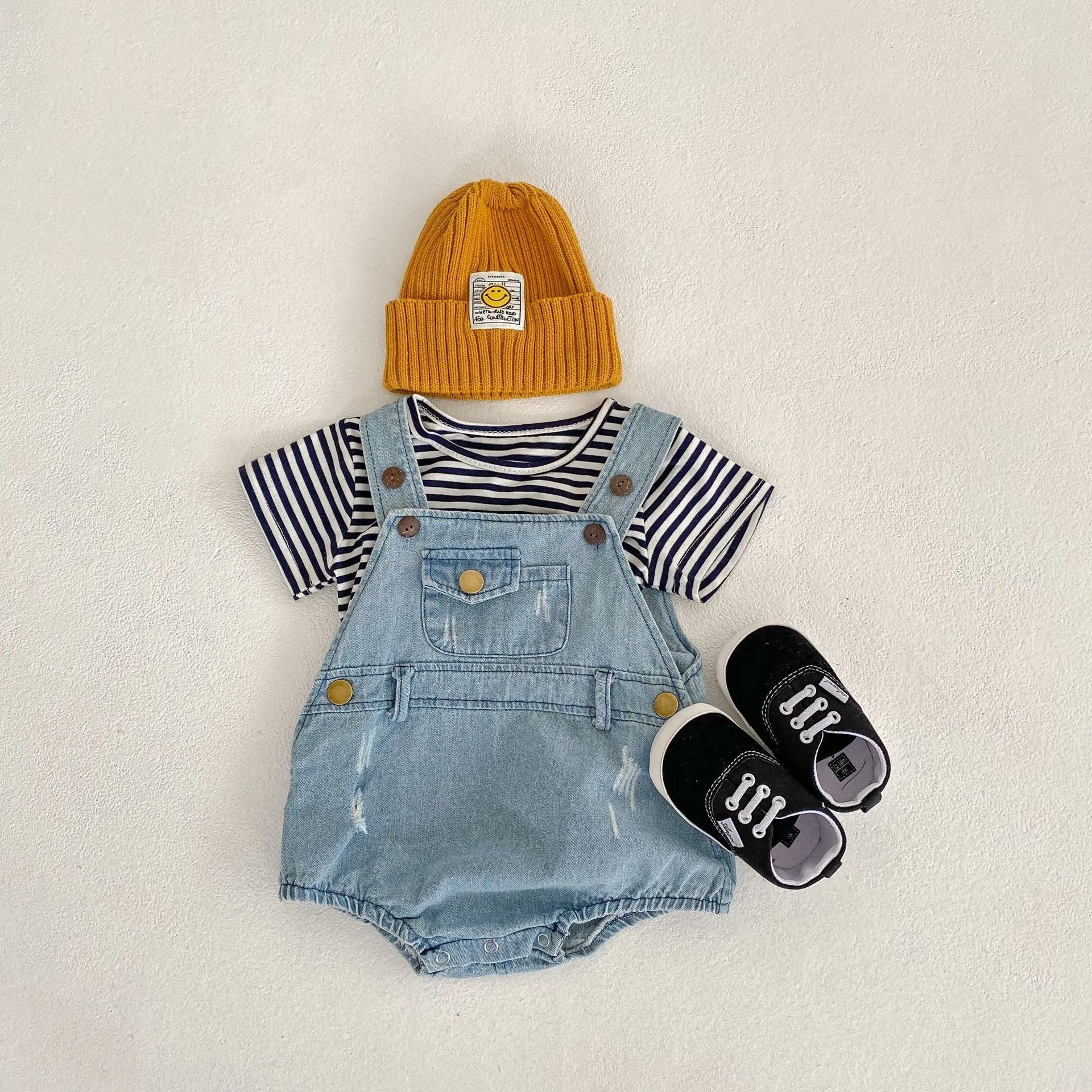 Casual Striped Top & Denim Overalls