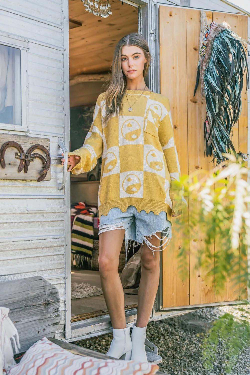 Checkerboard Sweater with Yin Yang Pattern