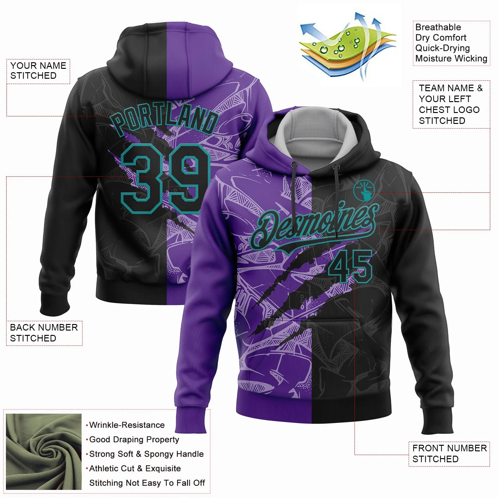 Custom Stitched Graffiti Pattern Black Purple-Teal 3D Scratch Sports Pullover Sweatshirt Hoodie