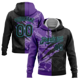 Custom Stitched Graffiti Pattern Black Purple-Teal 3D Scratch Sports Pullover Sweatshirt Hoodie