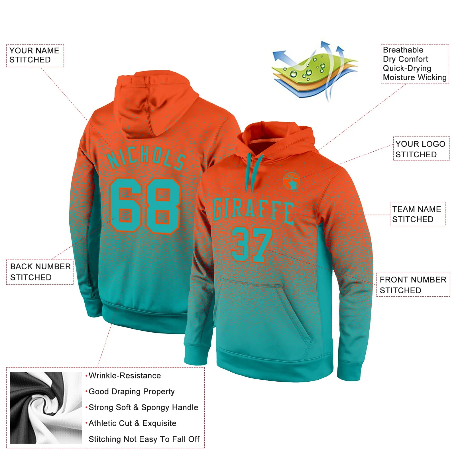 Custom Stitched Orange Aqua Fade Fashion Sports Pullover Sweatshirt Hoodie