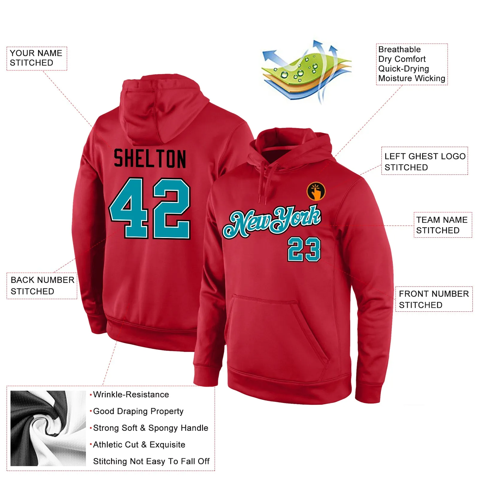 Custom Stitched Red Teal-Black Sports Pullover Sweatshirt Hoodie