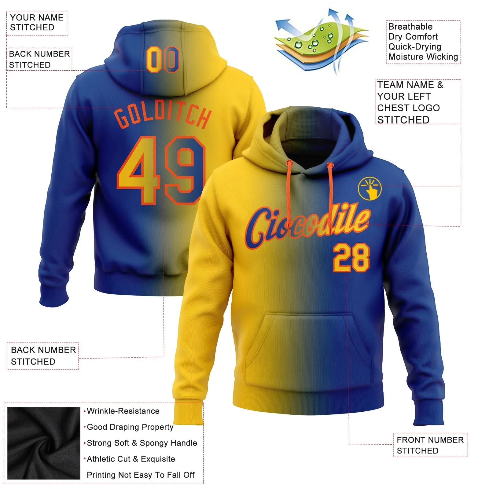 Custom Stitched Royal Yellow-Orange Gradient Fashion Sports Pullover Sweatshirt Hoodie