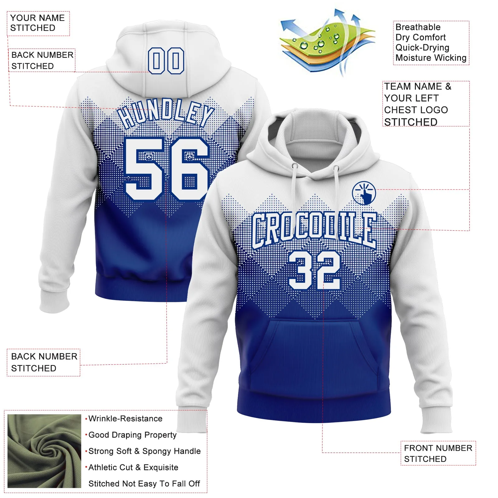 Custom Stitched White Royal 3D Pattern Design Gradient Square Shape Sports Pullover Sweatshirt Hoodie