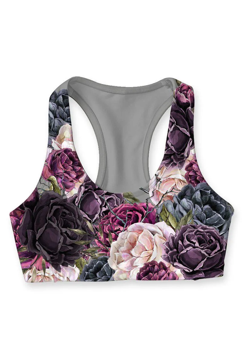 Duchess Stella Grey Floral Print Seamless Racerback Sport Yoga Bra - Women