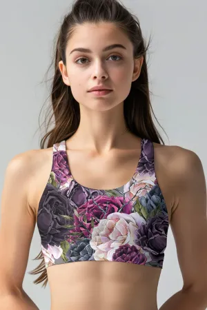 Duchess Stella Grey Floral Print Seamless Racerback Sport Yoga Bra - Women