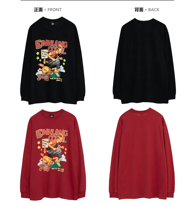 Einklang Retro Cartoon Boy Long Sleeve Baggy Hooded Sweatshirt