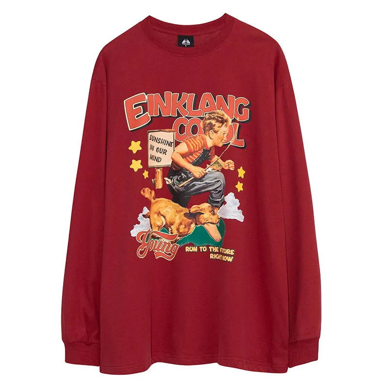 Einklang Retro Cartoon Boy Long Sleeve Baggy Hooded Sweatshirt