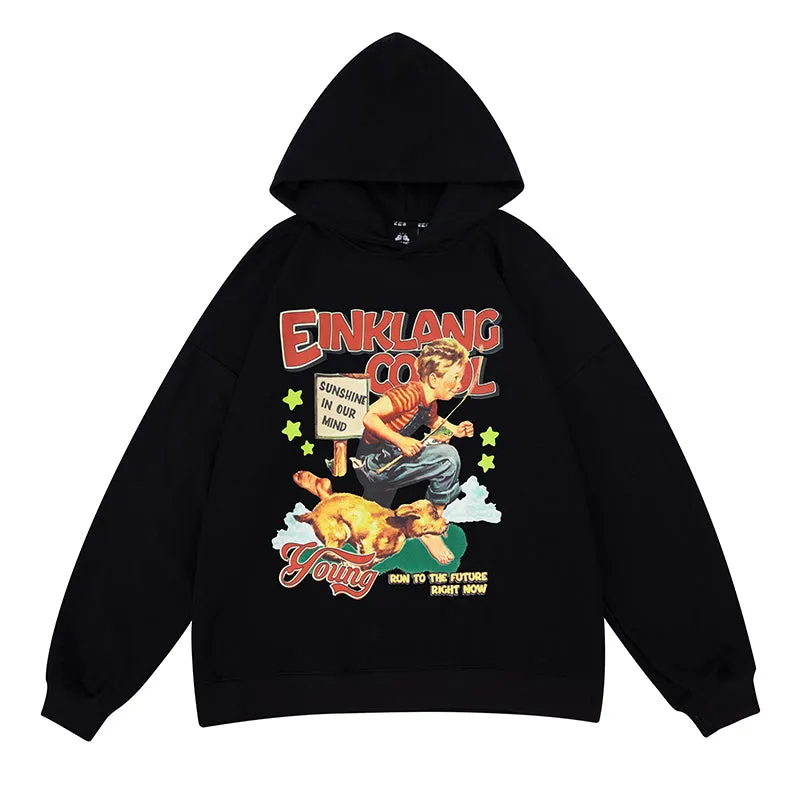 Einklang Retro Cartoon Boy Long Sleeve Baggy Hooded Sweatshirt