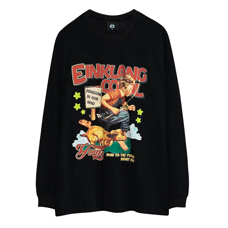 Einklang Retro Cartoon Boy Long Sleeve Baggy Hooded Sweatshirt