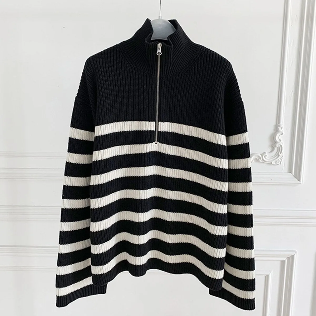 Fashionkova  Striped Zipper Sweaters Woman Autumn Long Sleeve Stand Neck Cotton Pullover Casual Vintage Classic Jumpers Tops