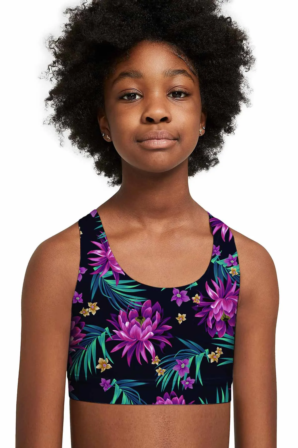 FireFly Stella Black Purple Floral Seamless Sports Bra Crop Top - Kids