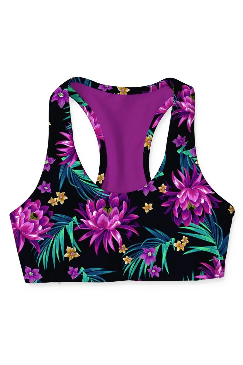 FireFly Stella Black Purple Floral Seamless Sports Yoga Bra - Women