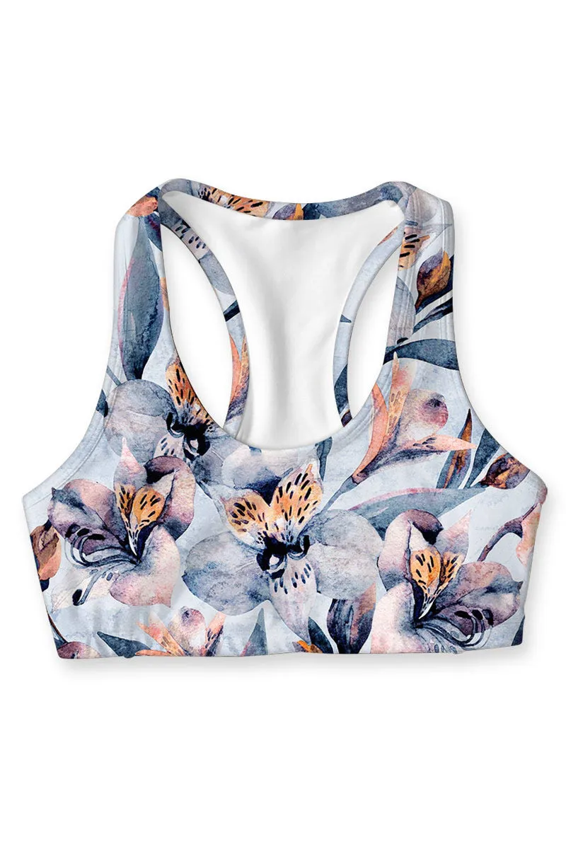 Florescence Stella Blue Floral Seamless Racerback Sports Bra - Women