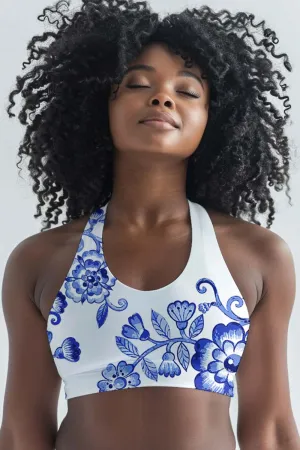 Flowerful Stella White Blue Seamless Racerback Sport Yoga Bra - Women