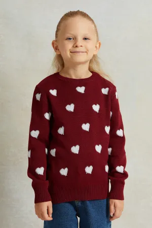 Girls Burgundy Long Sleeve Printed Pullover