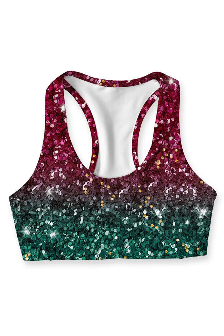 Glitzy Tinsel Stella Green Seamless Racerback Sport Yoga Bra - Women