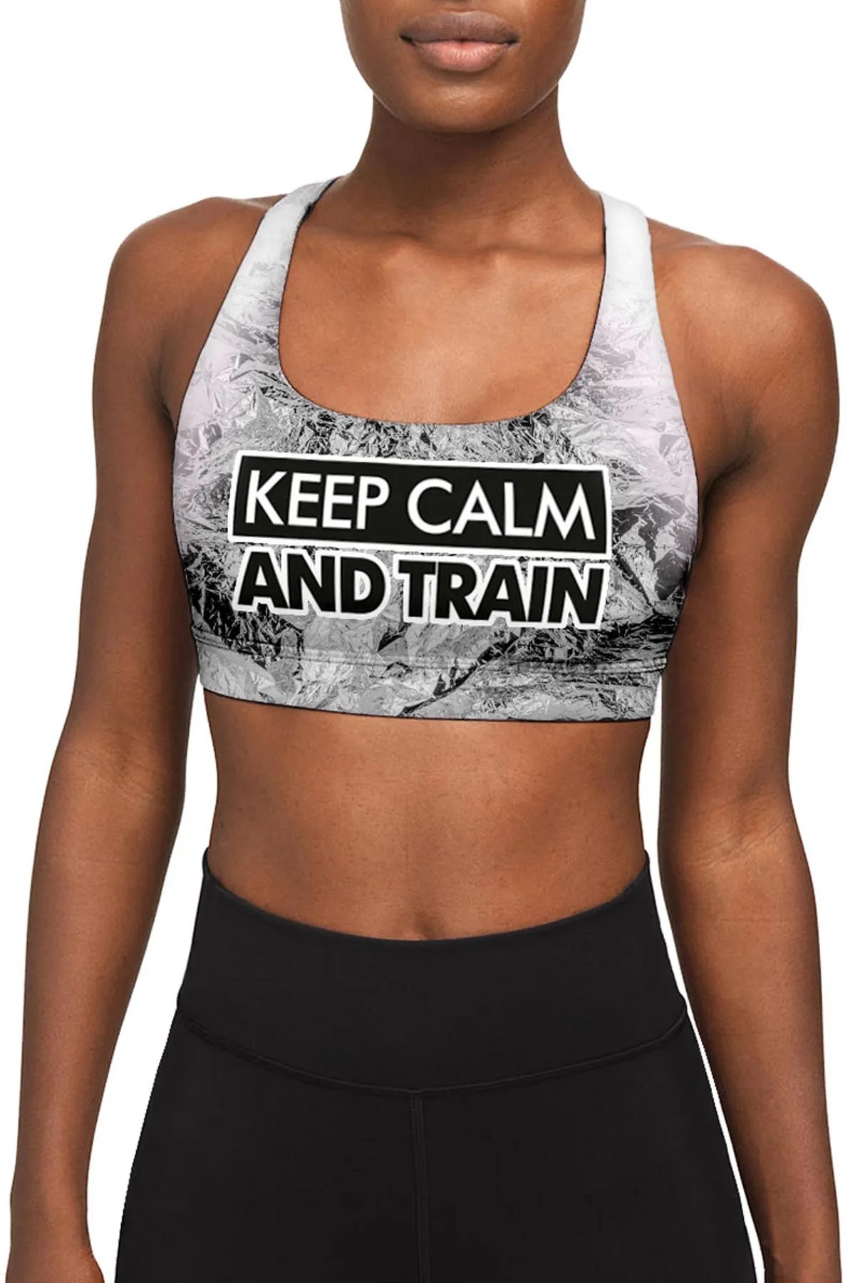 Keep Calm and Train Stella White Black Seamless Sport Yoga Bra - Women