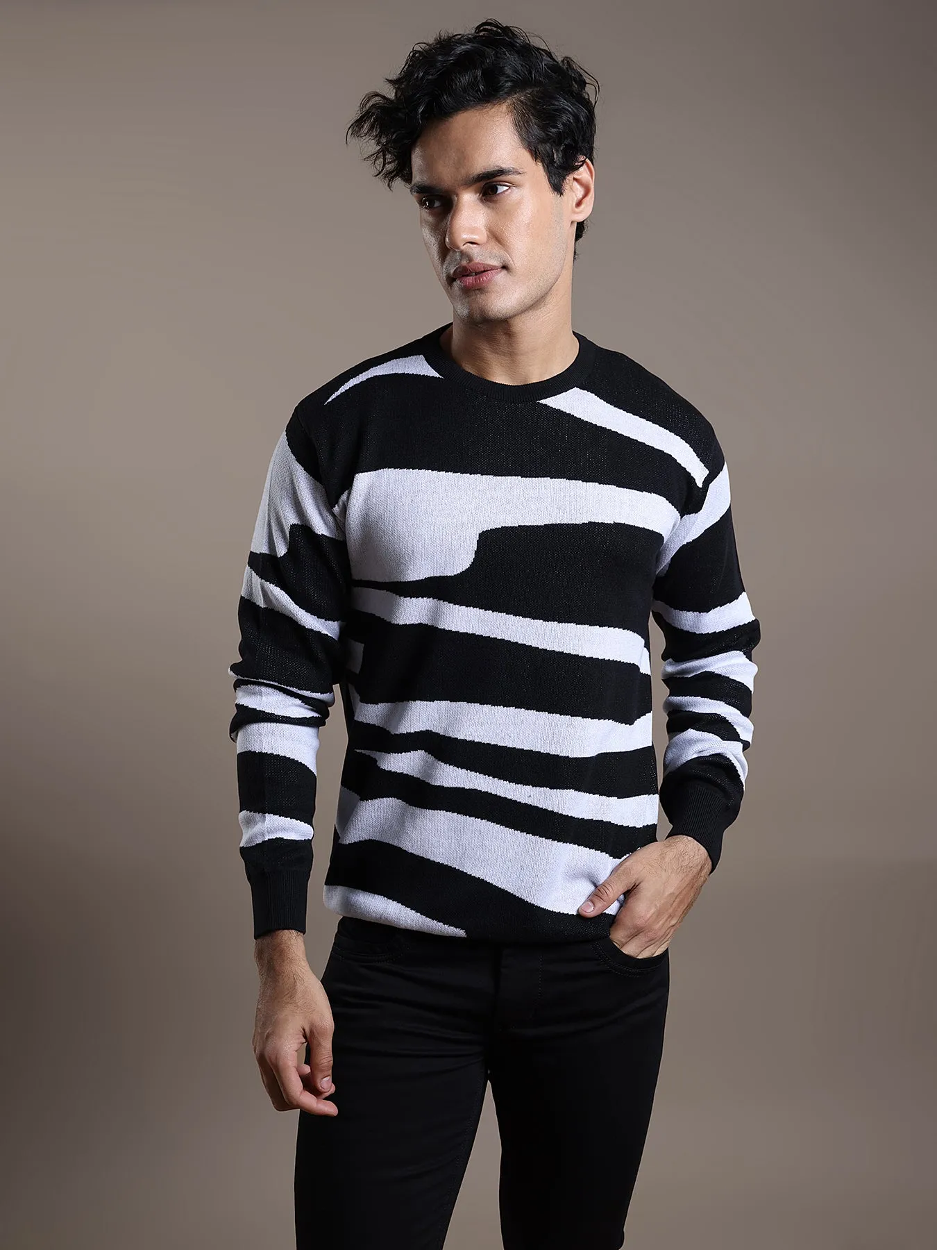 Knitted Black Dobby Regular Fit Full Sleeve Casual Pullover