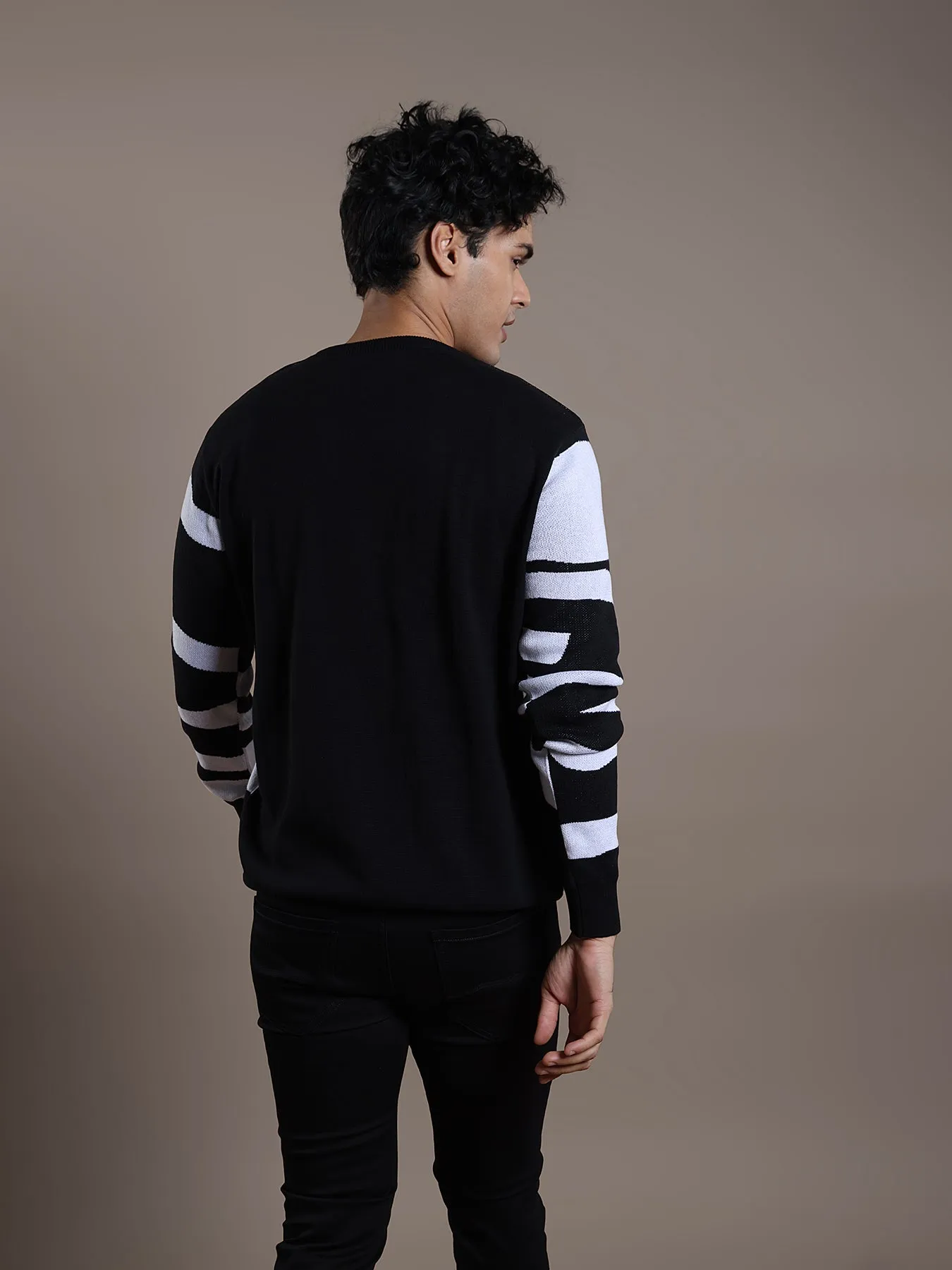 Knitted Black Dobby Regular Fit Full Sleeve Casual Pullover