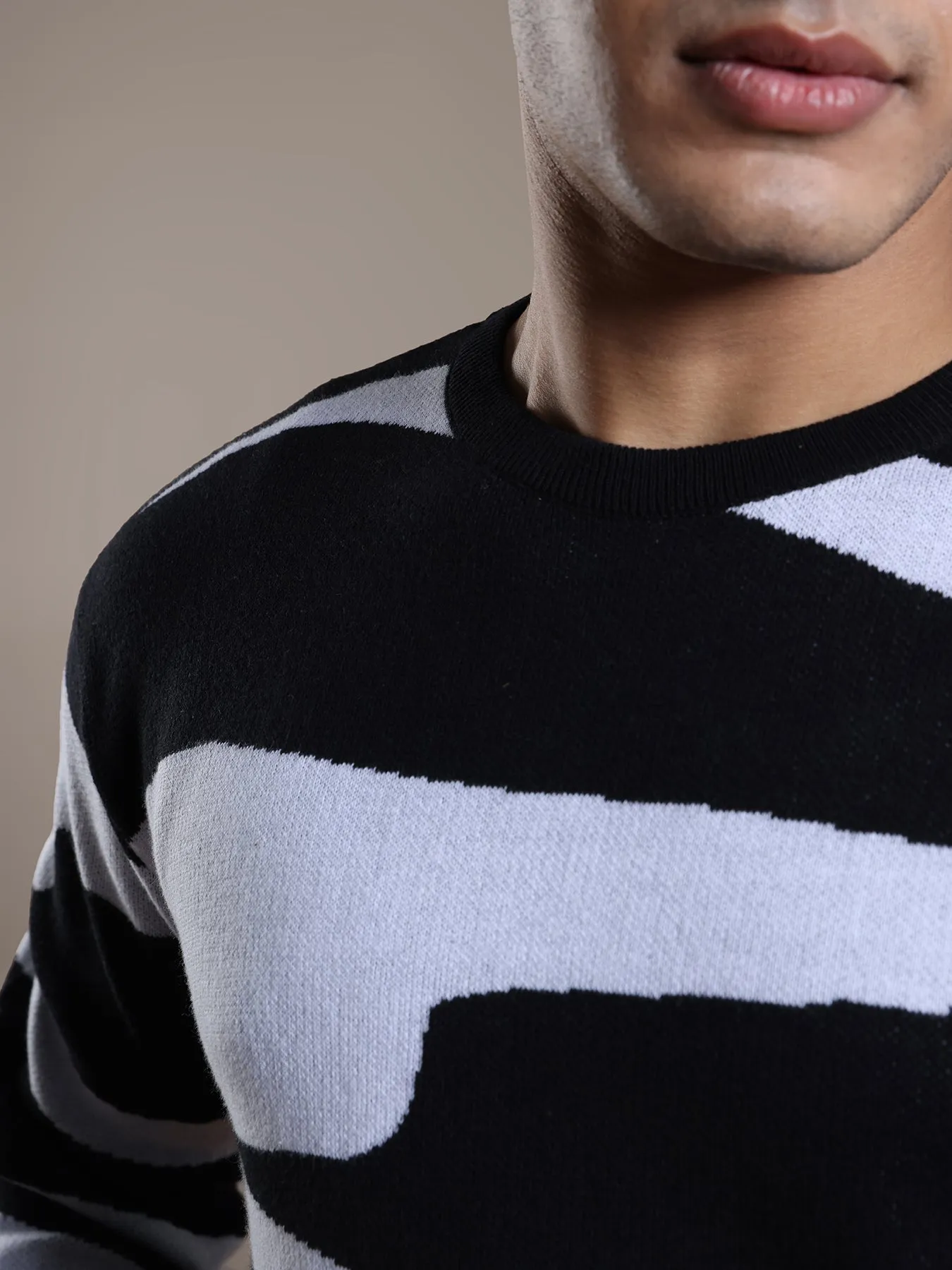 Knitted Black Dobby Regular Fit Full Sleeve Casual Pullover