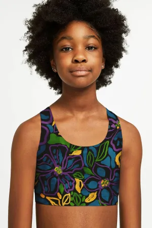 Mauritius Stella Blue Floral Print Seamless Sport Bra Crop Top - Kids