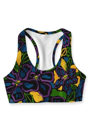 Mauritius Stella Blue Floral Seamless Racerback Sport Yoga Bra - Women