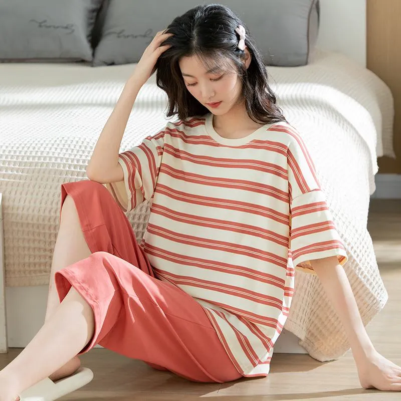 Pure Cotton Solid Round Neck Pullover Stripe Simplicity Lounge Set