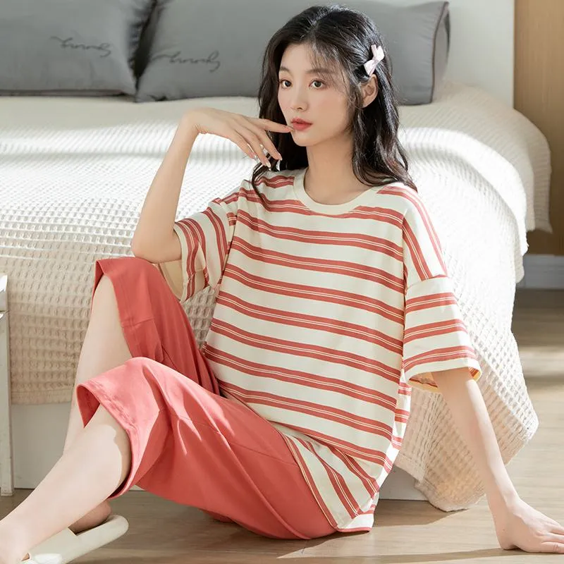 Pure Cotton Solid Round Neck Pullover Stripe Simplicity Lounge Set