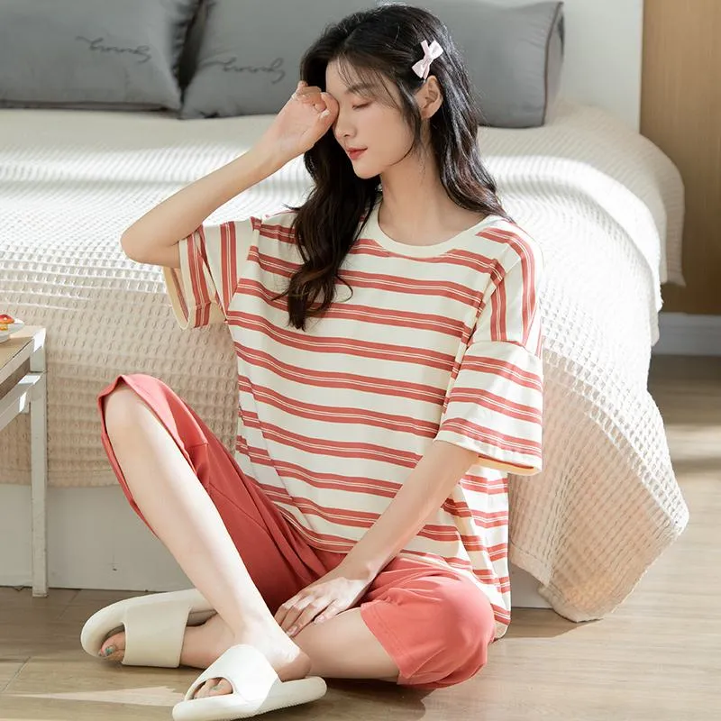 Pure Cotton Solid Round Neck Pullover Stripe Simplicity Lounge Set